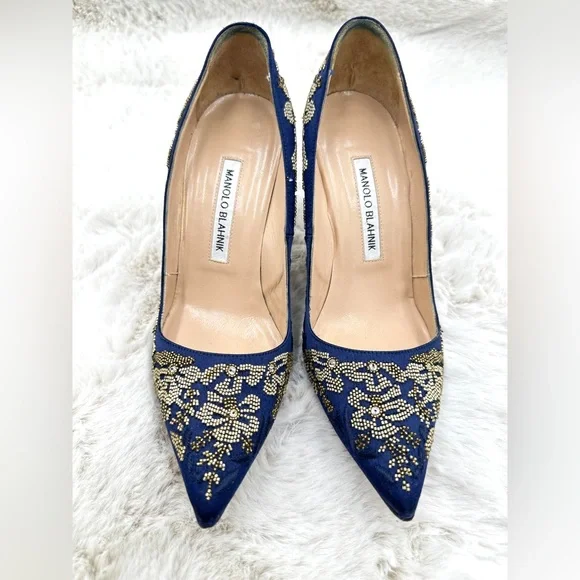 Manolo Blahnik Crystal Embellished Satin Pumps floral accents Navy Blue 37 US 7 - Picture 7 of 10